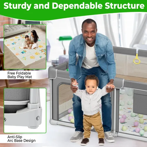 Vista 7 de Corralito plegable para bebés con tapete grande de 71 x 59 pulgadas, fácil instalación, patio de juegos plegable para bebés y niños pequeños, malla