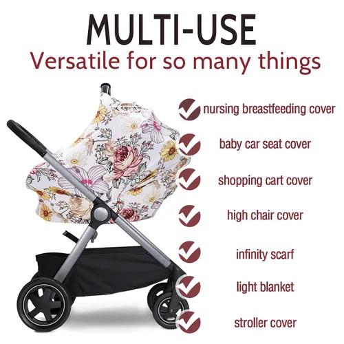 Vista 3 de Funda floral para asiento de automóvil para bebé, toldo para asiento de automóvil, elástico multiuso para cochecito, silla alta, carrito de compras