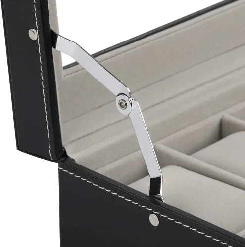 Vista 5 de JS NOVA JUNS Caja de reloj, 24 ranuras para hombre, organizador de relojes con cerradura y tapa acrílica grande, piel sintética negra