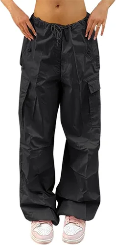 Vista 2 de IWEMEK Pantalones de paracaídas para mujer, pantalones cargo holgados con bolsillos, cordón de ajuste de cintura baja, pantalones Y2K, holgados, hip