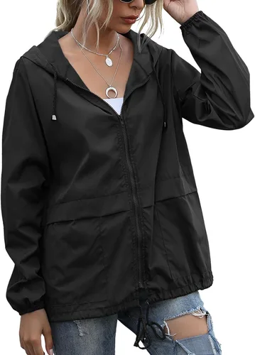 Vista 12 de PESION Chaqueta impermeable ligera para mujer, rompevientos con capucha y bolsillo para exteriores Verde militar