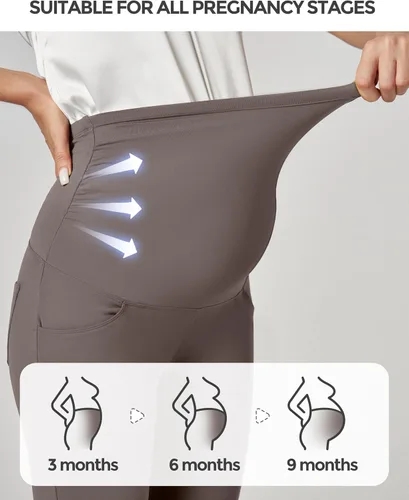Vista 5 de Ewedoos Pantalones de maternidad pantalones de trabajo laterales fruncidos con bolsillos sobre el vientre, pantalones de vestir de embarazo