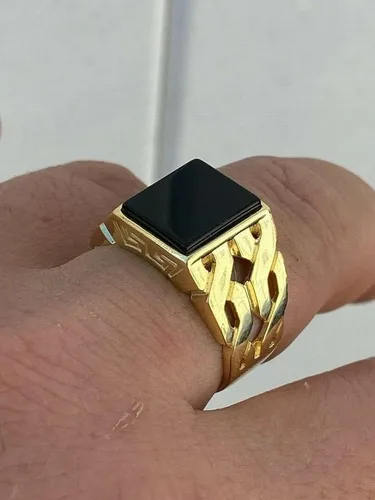Vista 3 de Anillo de oro de 14 quilates sobre plata de ley 925 maciza real, anillo de ónix negro natural, anillo rectangular de hip hop, precioso anillo