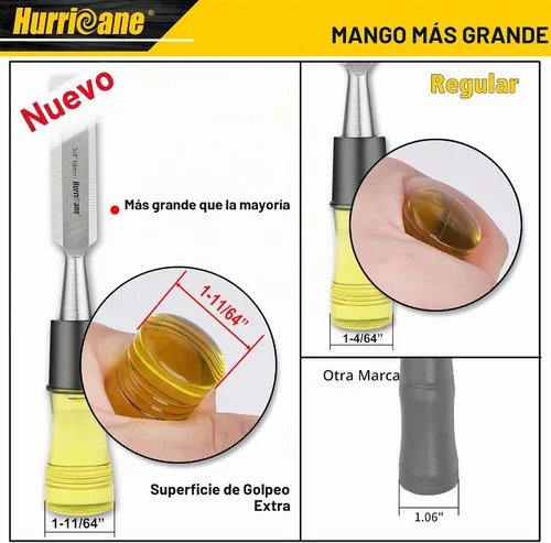 Vista 3 de HURRICANE Juego de 4 cinceles de madera para carpintería. Cuchillas de borde biselado de acero CR-V con tapas de seguridad. Agarre extra grande