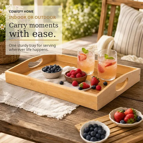 Vista 6 de Comfify Bandejas de bambú para servir, juego de 3 bandejas otomanas para alimentos, entretenimiento y decoración, diseño minimalista Natural