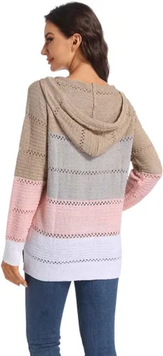 Vista 5 de Sudaderas con capucha de punto de bloque de color para mujer, cuello en V, cordón ligero, sudaderas con cremallera