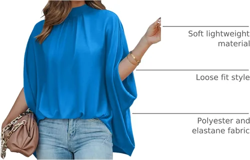 Vista 80 de BTFBM Blusas de verano para mujer, cuello alto falso, manga murciélago, holgadas, dobladillo alto y bajo, blusas informales de gran