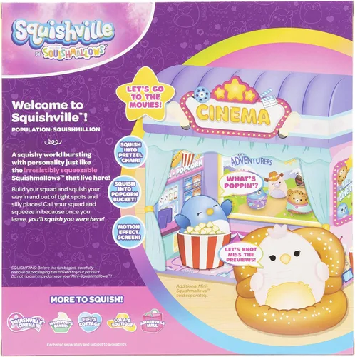 Vista 5 de Squishville Mini-Squishmallows Cinema Playset – Incluye una felpa de 2 pulgadas, silla de pretzel, cubo de palomitas de maíz, felpa