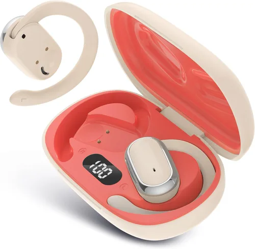 Vista 2 de Quiksilver Auriculares inalámbricos de oreja abierta, auriculares Bluetooth 5.4 con pantalla digital inteligente y gancho ergonómico de ajuste Beige