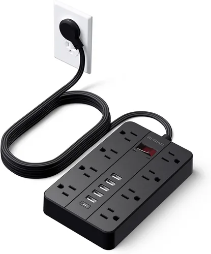 Vista 8 de Tira de alimentación con puertos USB, cable de extensión HUNIAN de 5 pies con enchufe plano y 8 tomas, cargador de 6 USB (1 puerto USB C), protector