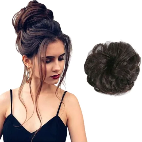 Vista 13 de Extensiones de cabello desordenado, coleta, peinado recogido, Moño, Mezcla de blanqueador negro y café.