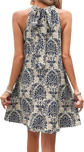 Vista 2 de WDIRARA Vestido de mujer con estampado bohemio, dobladillo acampanado, sin mangas, con lazo en la espalda, con cinturón