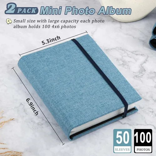 Vista 2 de Paquete de 2 álbumes de fotos de 4 x 6, mini álbum de fotos pequeño de 4 x 6 pulgadas, 100 bolsillos para libro de fotos, mini libro de fotos, Azul