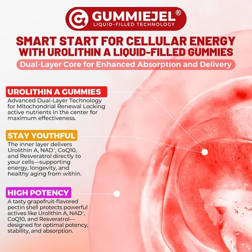 Vista 7 de Gomitas de urolitina A para longevidad y energía muscular, suplemento liposomal de urolitina A+ de 1000 mg con NAD+, CoQ10, resveratrol