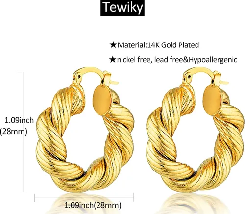 Vista 83 de Aretes de aro gruesos de oro para mujer, chapados en oro de 14 quilates, aretes de aro triple, hipoalergénicos, a la moda, aretes de aro gruesos