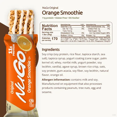 Vista 2 de Barra de proteínas NuGo, batido de naranja, 11 g de proteína, sin gluten, 15
