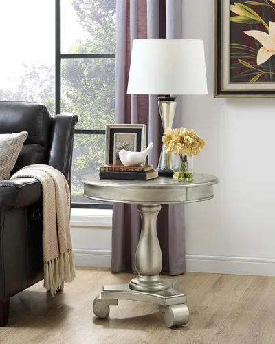 Vista 9 de Roundhill Furniture Rene Mesa auxiliar redonda de madera con pedestal, blanco antiguo