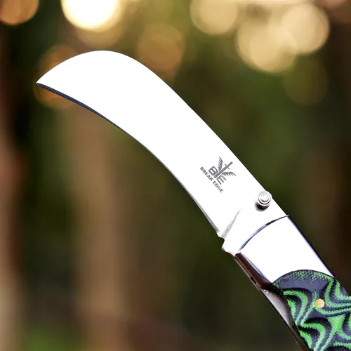 Vista 8 de Hawkbill, navaja plegable de bolsillo con hoja de acero curva, herramientas para electricistas, mango G10 negro y verde.