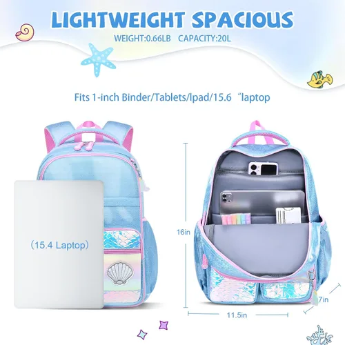 Vista 3 de Mochila para niñas, mochilas escolares de 16 pulgadas para niñas, bonita bolsa de libros para niñas, niños, estudiantes, escuela primaria, Azul
