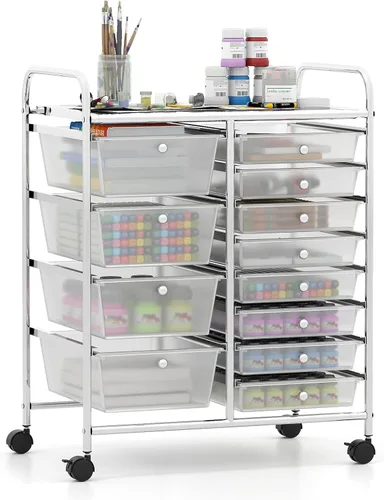 Vista 17 de Giantex - Carro de almacenamiento con ruedas, 10 cajones, organizador para papelería, oficina o escuela (Beige+Amarillo+Gris)