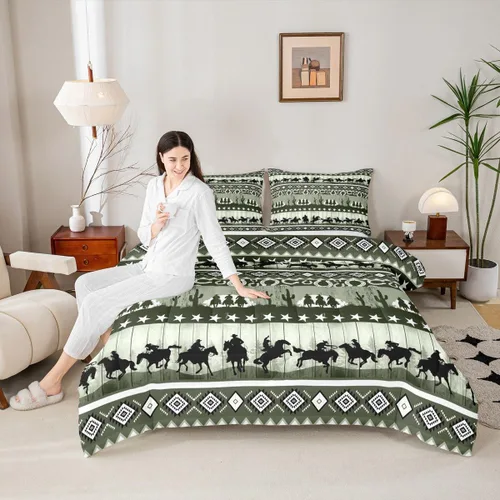 Vista 49 de Manfei Juego de edredón geométrico azteca, tamaño individual, juego de ropa de cama de cactus, vaquera occidental, decoración de habitación de niños