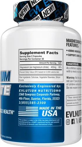Vista 2 de EVL Cápsulas de citrato de magnesio de 400 mg – Suplemento de salud muscular y ósea con citrato de magnesio puro para relajación muscular y fuerza