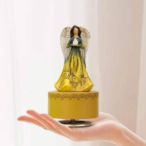 Vista 7 de Caja de música, figurita de caja musical del Ángel Guardián sosteniendo un corazón, cajas musicales esculpidas pintadas a mano, figuras de cajas