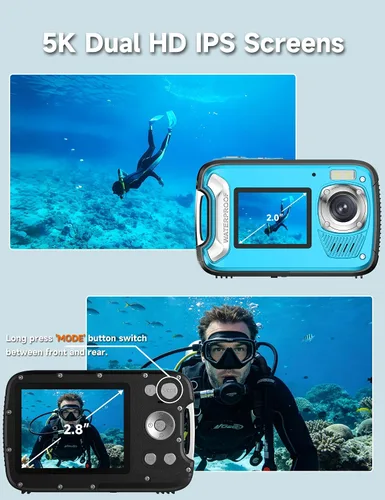Vista 9 de Cámara impermeable 5K, cámara subacuática de 96 MP y 33 pies con pantallas duales, cámara digital de enfoque automático para esnórquel, buceo, surf