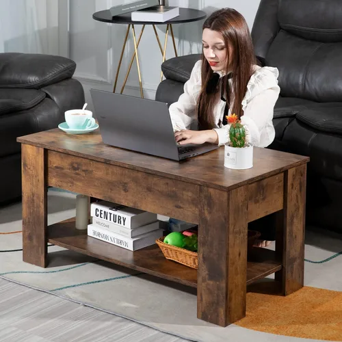 Vista 2 de Mesa de centro elevable con almacenamiento oculto, diseño moderno de elevación de 39.4 pulgadas, escritorio convertible de comedor y portátil