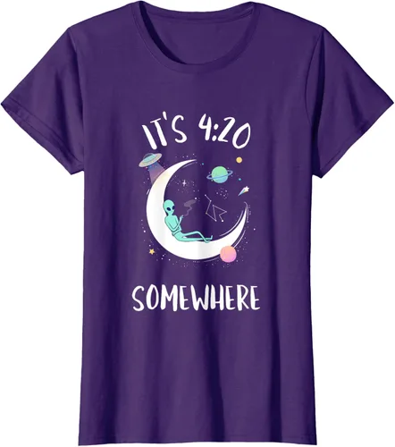 Vista 11 de Funny Weed Joint Smoking Moon Alien It's 4:20 Somewhere Camiseta, Negro, S
