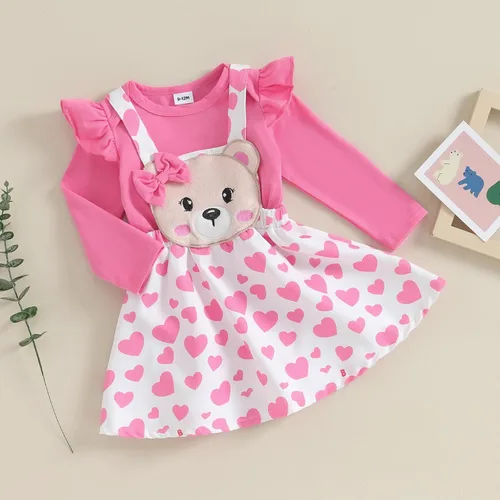Vista 2 de Conjunto de 2 piezas para el día de San Valentín para bebé niña, mameluco de manga larga con tirantes de encaje y corazón, 2 piezas para otoño e