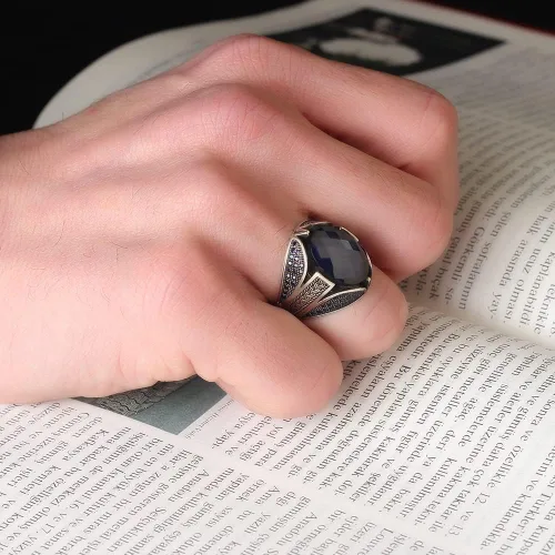 Vista 4 de 925 Sterling Silver Men Silver Ring with Sapphire GemStone, Handmade Engraved Silver Ring, Gift for him, Minimalist Silver Ring