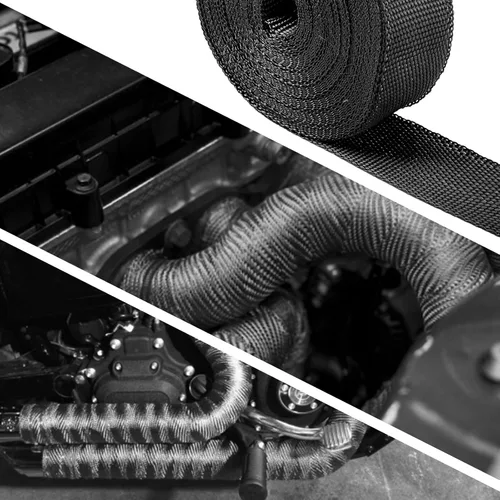 Vista 6 de CARDI Envoltura Térmica de Escape Negra de 2" x 16' de Fibra de Vidrio para Motocicleta con 8 Amarres de Acero Inoxidable Negros y Guantes