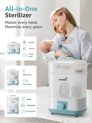 Vista 3 de Grownsy Esterilizador y secador de biberones ajustable 4 en 1 de gran capacidad, capacidad para 8 biberones, esterilizador eléctrico de vapor