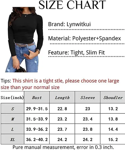 Vista 4 de Lynwitkui Blusa de manga larga para mujer, elástica, entallada, acanalada, con corte liso, básica