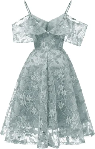 Vista 3 de 2021 Women's Floral Lace Cold Shouder Dress Swing Prom Party Cocktail Dresses Ruffle Sleeve Casual Fall Midi Pleated Dress