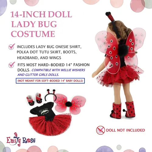 Vista 3 de Emily Rose Magical Lady Bug - Disfraz de Halloween de 5 piezas de 14 pulgadas con alas extraíbles, diadema de antena y botas. Ropa y accesorios