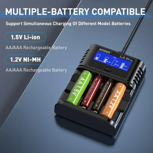 Vista 2 de XTAR L4 Pro Cargador de Batería para AA AAA, Pantalla LCD, Carga Independiente de 4 Ranuras, Compatible con Baterías Recargables de 1.2V Ni-MH