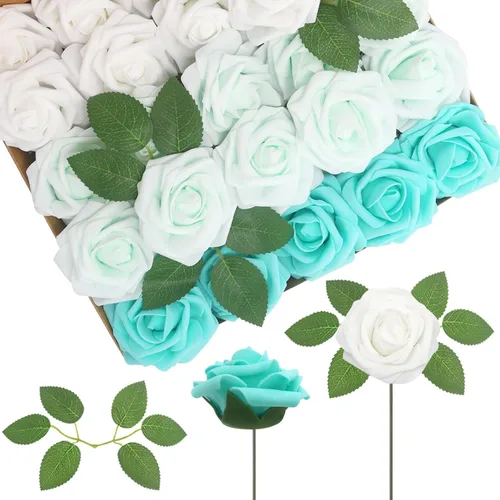 Vista 16 de 25 rosas realistas negras, flores artificiales de espuma de látex con tallos flexibles y 8 hojas para decoración de bodas, hogar y fiestas Negro