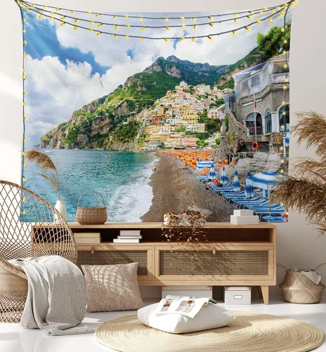 Vista 8 de Lunarable Tapiz de la costa de Amalfi, tumbonas y sombrillas en la playa, casas de pueblo antiguo Positano on Campania, Italia, decoración de tela