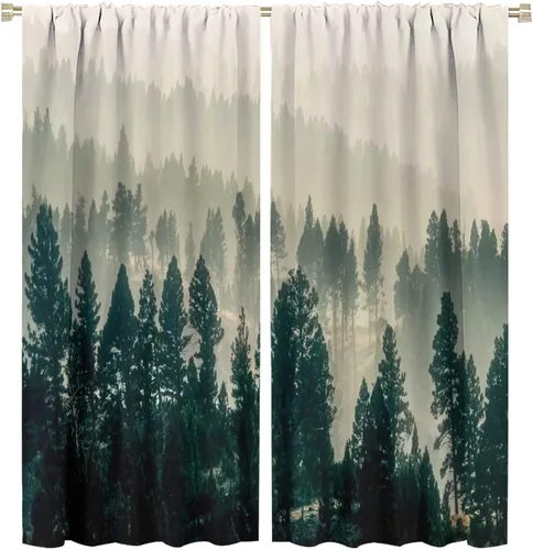 Vista 38 de Cortina de bosque neblinoso, bosque verde brumoso, paisaje natural, pino, alerce, niebla, montaña, oscurecimiento de habitación, puerta, ventana