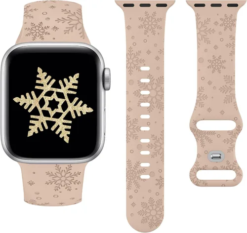 Vista 16 de Wearlizer - Correa con copos de nieve de Navidad grabada compatible con Apple Watch de 41/38/40/42/45/44/46/49 mm, correa deportiva de silicona Negro