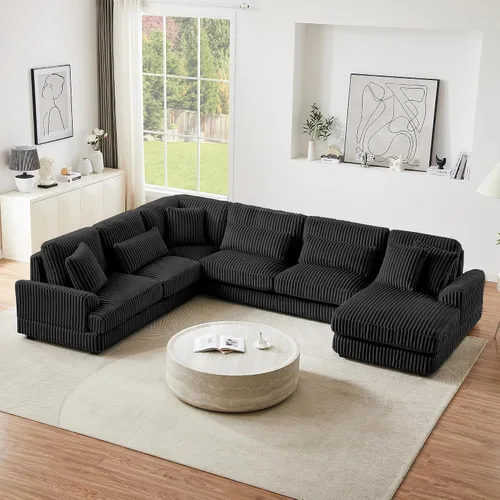 Vista 9 de Sofá modular de 125.2 pulgadas, sofá tapizado en forma de U con otomana móvil y bolsillos laterales de almacenamiento para sala de estar, color negro