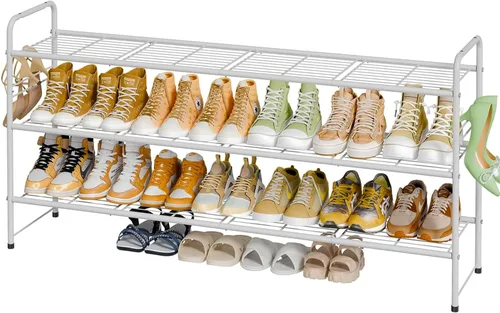 Vista 10 de Zapatero de 3 niveles para armario, organizador de almacenamiento de zapatos extra largo de 46.5 pulgadas para estantes, metal resistente, fácil