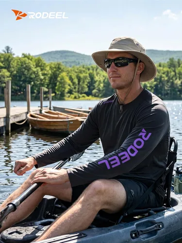 Vista 2 de Rodeel Camisas de pesca para hombre de manga larga que absorbe la tela UPF 50 protección solar camisa de rendimiento a. Negro