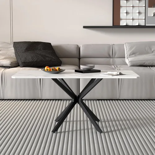 Vista 3 de GOLDFAN Mesa de centro rectangular de mármol blanco, moderna, de 40 pulgadas, con patas de metal negro, elegante mesa central para sala de estar