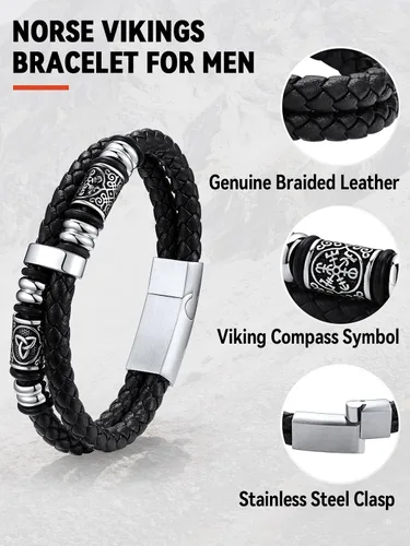Vista 5 de FaithHeart Pulsera vikinga para hombre, pulsera de cuero trenzado de doble fila con cierre de acero inoxidable, brújula vikinga, pulsera vintage