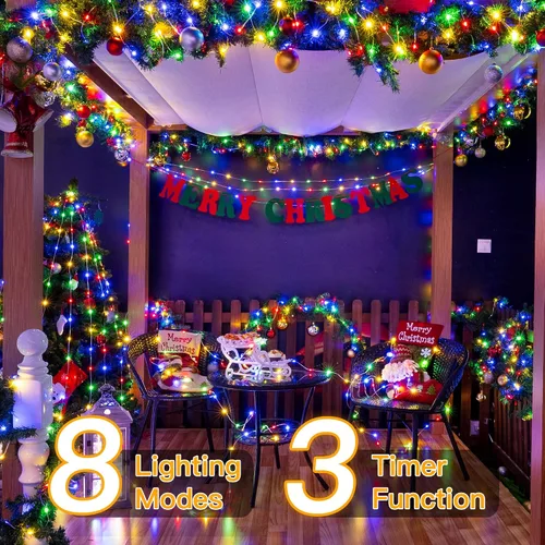 Vista 3 de Ollny Luces de Navidad para exteriores, 600 LED de 197 pies, luces multicolor para árbol de Navidad IP67, luces de hadas enchufables con control