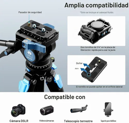 Vista 6 de SIRUI - Cabezal de video fluido AM-5VX, cabezal de trípode ligero con placa de liberación rápida para cámara de video