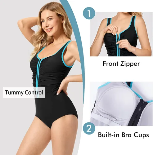 Vista 4 de DELIMIRA Traje de baño de una pieza para mujer, talla grande, control de abdomen, cremallera frontal